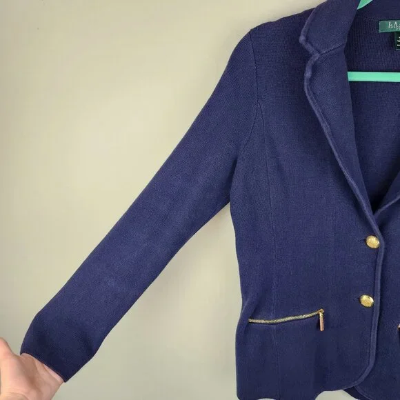 LRL Lauren Ralph Lauren Navy Blue Cotton Knit Sweater Blazer sz PM - Picture 6 of 10